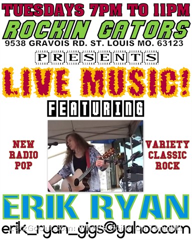 Get there early for buckets specials (before 7pm) 12$ for 6 bottles or 10$ for 6 cans! And yes you can smoke cigarettes here since the smoking ban doesnt apply here. Erik Ryan on vocals, guitar, and occasional keys from 7 to 11pm. New Alterna-pop & Classic Rock NO COVER CHARGE!